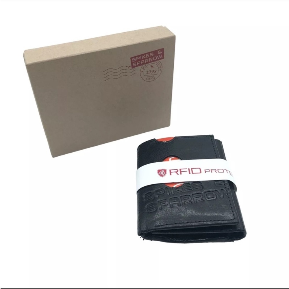 Spikes & Sparrow Black Leather Trifold RFID Blocking Wallet NIB Men’s Compact